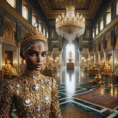 The primary subject of the image is a woman wearing a gold dress and jewelry, standing in a grand hallway with a chandelier above her. The setting is a palace or a similar luxurious environment, with a marble floor and a large number of chairs placed throughout the hall. The visual style is a digital art or illustration, creating a vibrant and detailed scene. The colors and mood of the image are rich and opulent, reflecting the grandeur of the palace and the